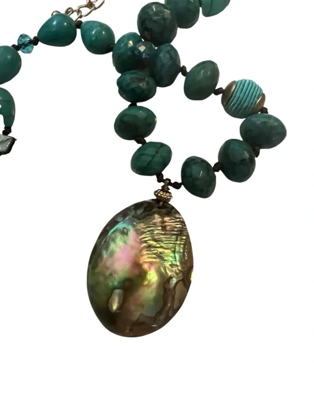 Chunky Faux Turquoise & Abalone Beaded Necklace with Pendant